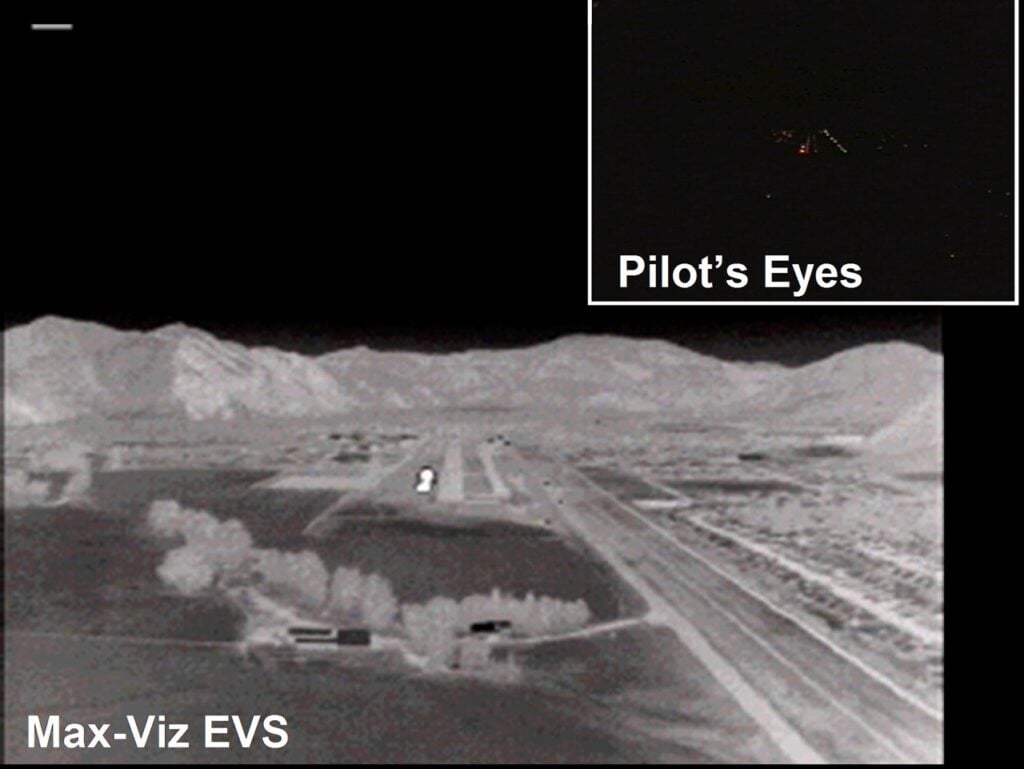 What a pilot sees on a remote runaway at final approach with and without the thermal camera in the Enhanced Vision System.