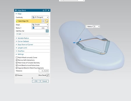 Placing an editable fillet between a facet body and  B-Rep body on shoe in NX CAD.