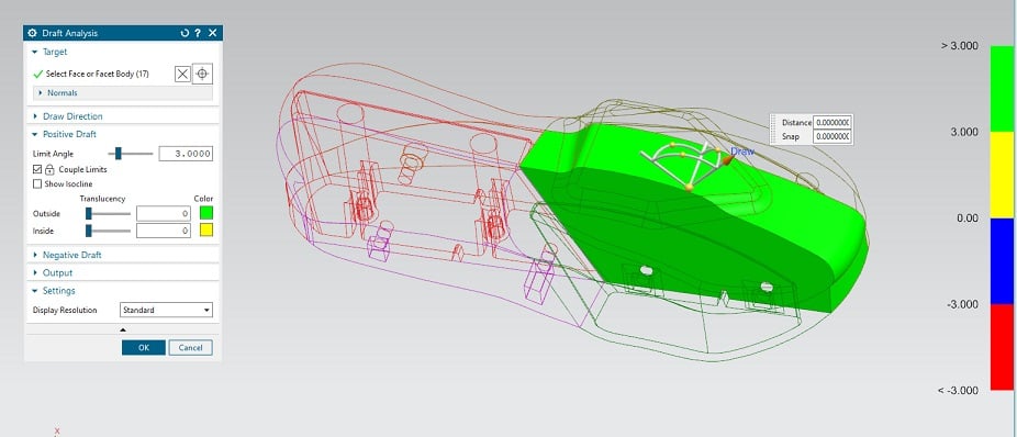 NX CAD lets us do draft analysis to validate the six parts of the mold with unique pull vectors.